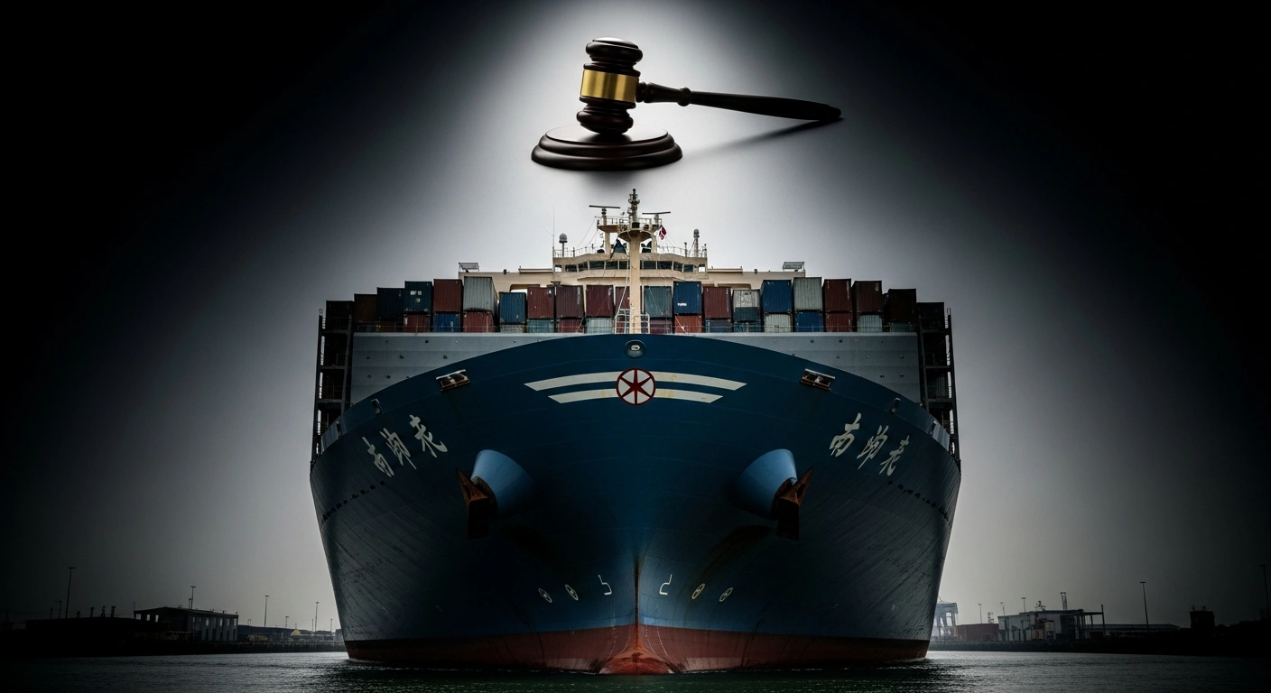 A massive container ship, subtly marked with Chinese characters, sails through a narrow canal, while a small, wooden legal gavel casts a long shadow over its bow, symbolizing China's condemnation of Panama's court ruling on a Hong Kong firm's port concession.