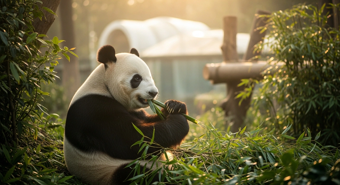 A giant panda is depicted eating bamboo within a lush, naturalistic enclosure at China's new 120-hectare giant panda base in Mianyang, Sichuan province, which houses 13 relocated pandas for breeding and research.