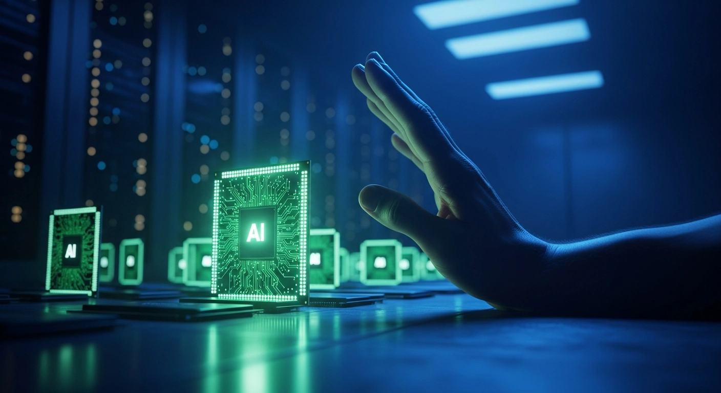 A large, glowing green circuit board, symbolizing an advanced foreign AI chip, is held back by a hand in a futuristic server room, representing China's strategic pause on Nvidia H200 chip orders to prioritize domestic semiconductor development.