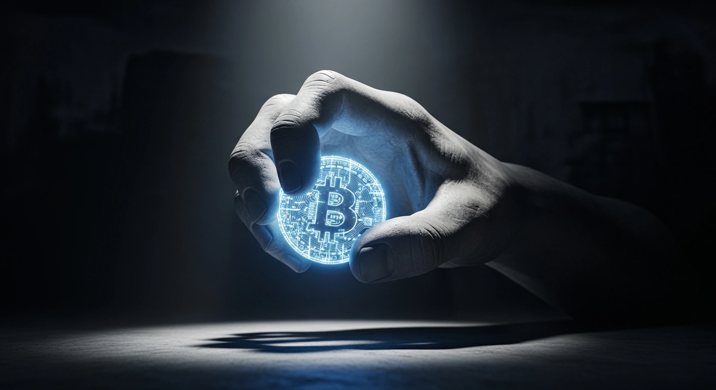 A large, stone hand firmly grips a glowing digital coin, symbolizing China's central bank declaring digital assets illegal and a threat to financial stability due to concerns over money laundering and illicit transfers.