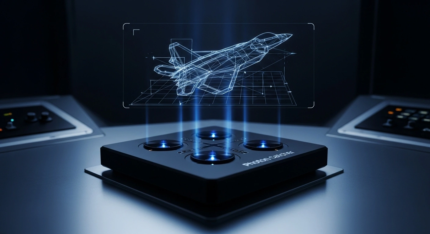 A sleek, obsidian-black single-photon detector device with four pulsating blue channels sits on a polished console in a dimly lit, ultra-modern control room, displaying a holographic wireframe of an F-22 stealth fighter being tracked, symbolizing China's advanced quantum surveillance technology.