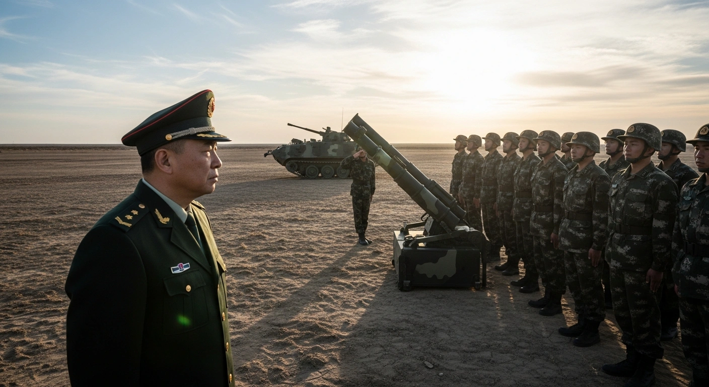 A high-ranking People's Liberation Army (PLA) general stands on a desolate training ground at dawn, inspecting soldiers or flawed military equipment, symbolizing China's crackdown on fake combat capabilities and substandard drills to bolster combat readiness.