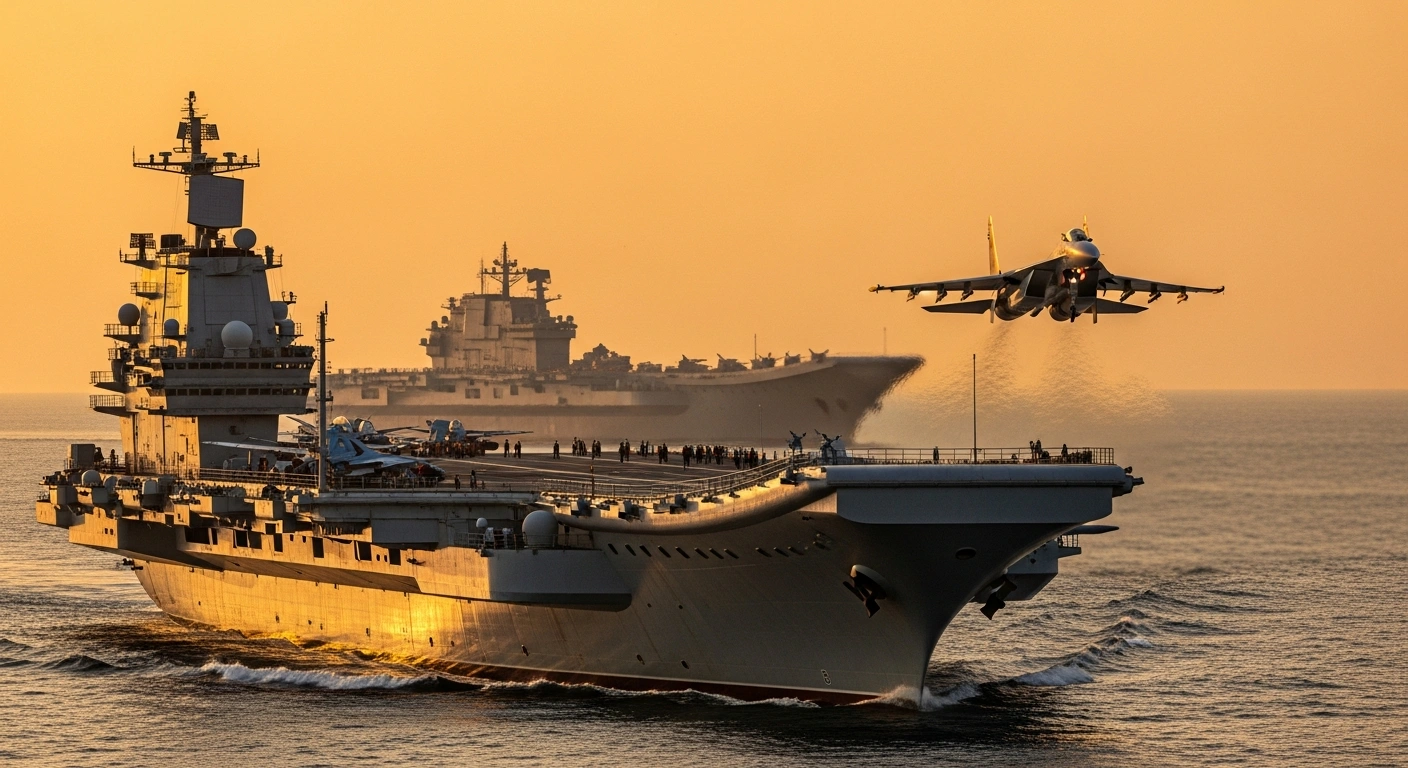 China's People's Liberation Army Navy (PLAN) aircraft carriers, the Liaoning and the Shandong, are depicted sailing in the Western Pacific at sunset, with a J-15 fighter jet launching from the Liaoning's flight deck, symbolizing their simultaneous deployment and extensive flight operations.