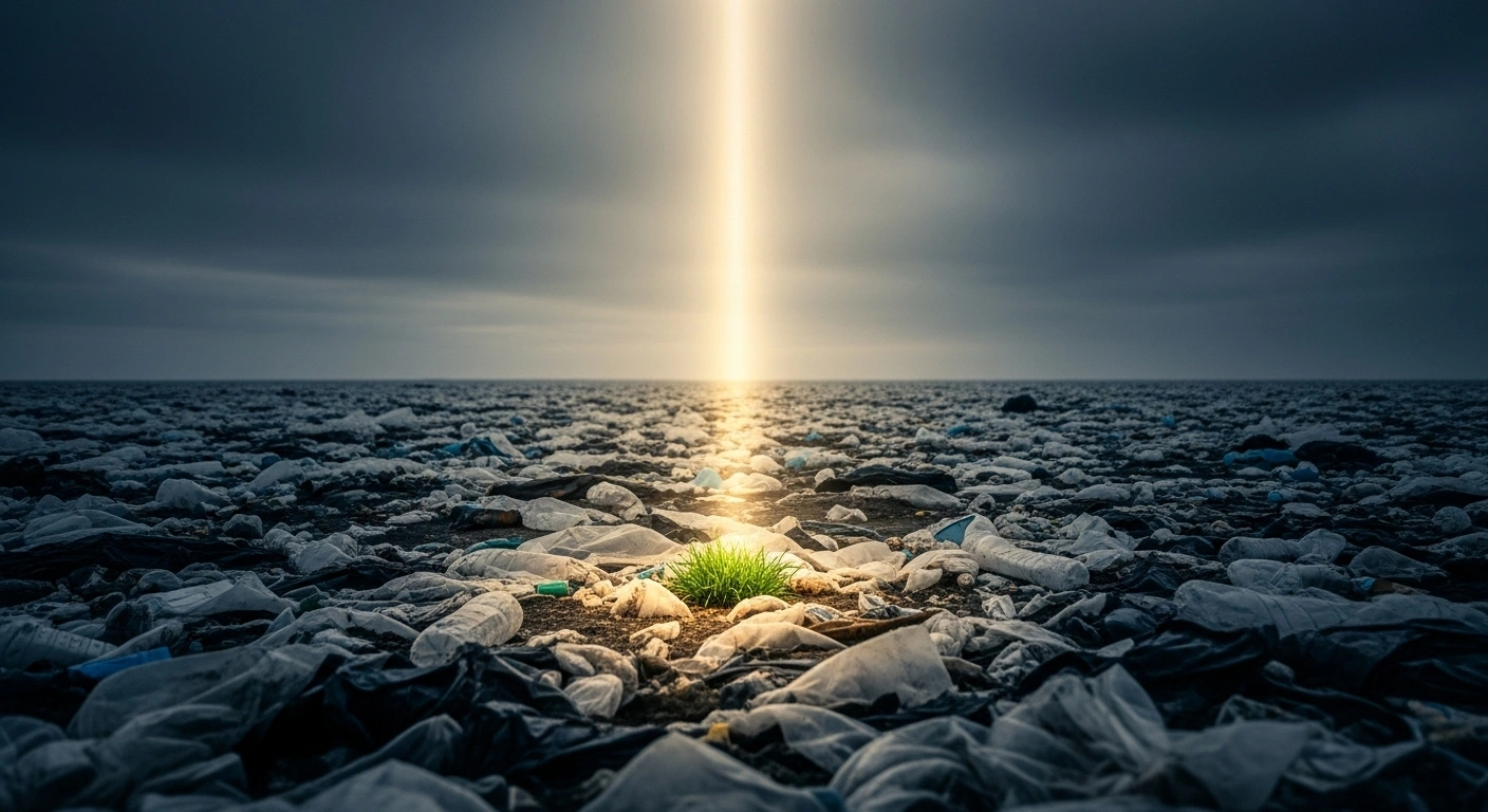 A vast, desolate landscape of plastic waste under a polluted sky is dramatically illuminated by a strong golden light, symbolizing a hopeful shift in global efforts, particularly from major producers like China, to address plastic pollution across its entire life cycle through international agreement.