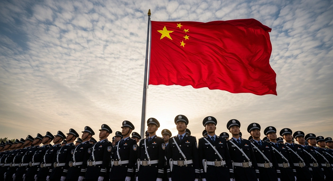 A low-angle view of a large Chinese flag unfurling against a dramatic sky, with a formation of uniformed police officers standing at attention below, commemorating China's annual Chinese People's Police Day.
