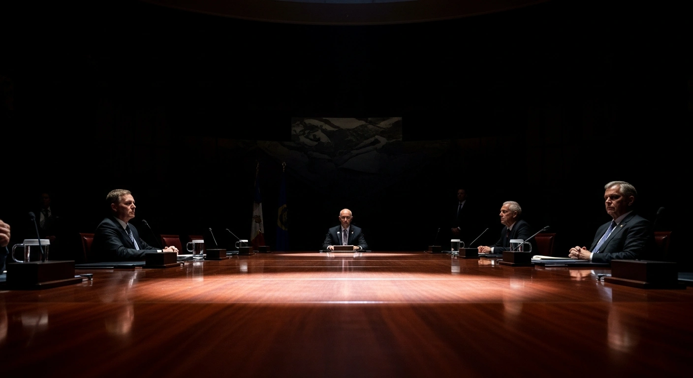 A solemn meeting of China's Politburo, led by President Xi Jinping, takes place around a long, polished mahogany table in a dimly lit, imposing hall, symbolizing their strategic deliberation on economic priorities for 2026, including proactive fiscal and moderately loose monetary policies, amidst international trade struggles and domestic economic headwinds, setting the stage for the 15th Five-Year Plan.