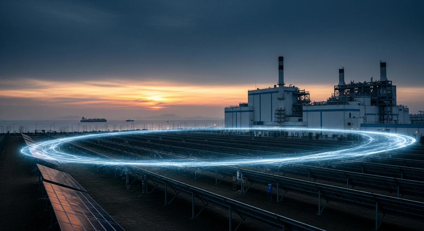 A large, modern Chinese polysilicon manufacturing facility with extensive solar panel arrays is depicted at dusk, symbolizing China's extension of antidumping and countervailing duties on solar-grade polysilicon imports from the US and South Korea.