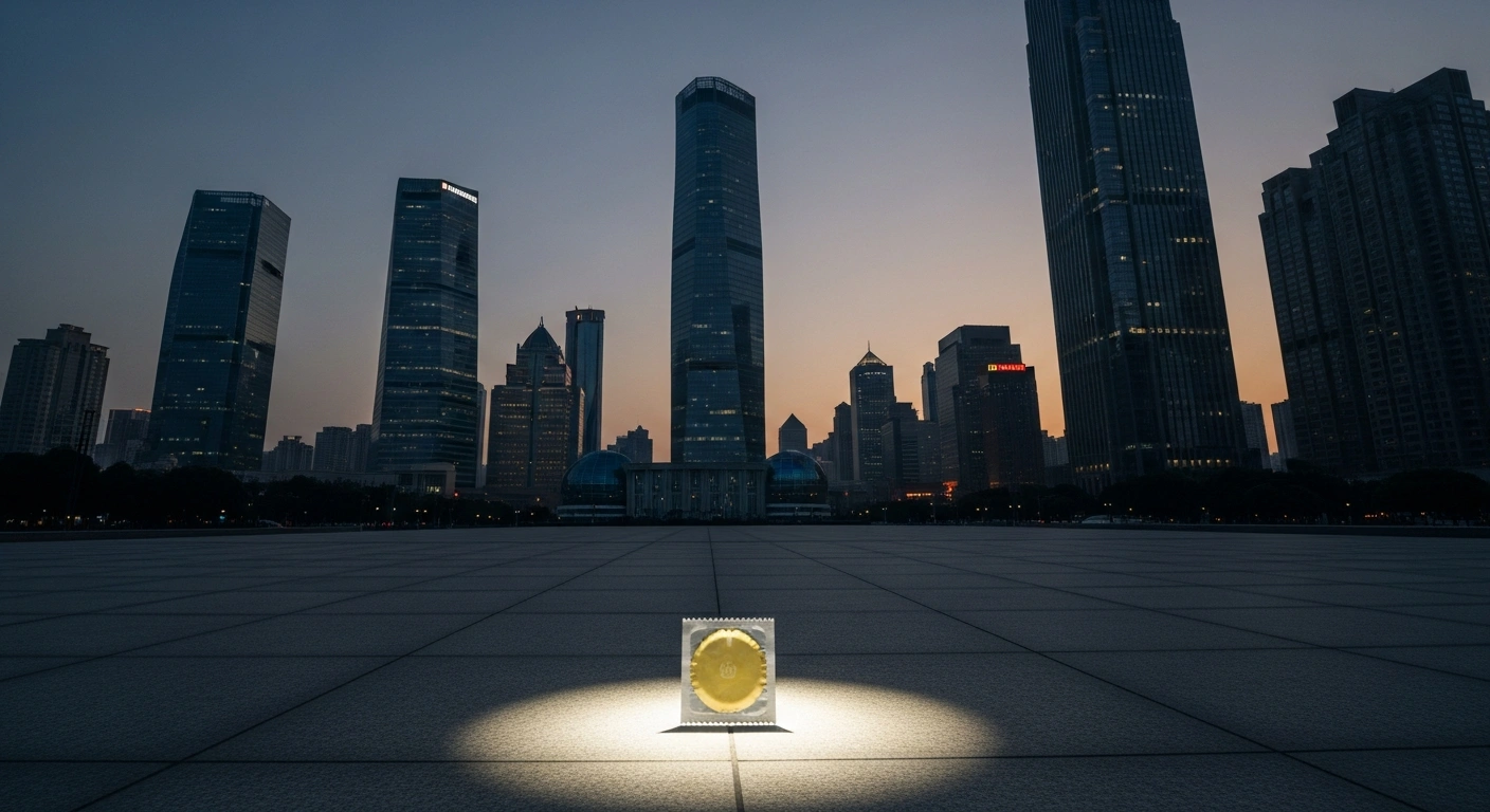 A wide, low-angle photograph captures a modern Chinese city skyline at dusk, with a solitary, brightly illuminated condom packet prominently displayed in the foreground, symbolizing China's pro-natalist policies, including a new VAT on contraceptives, implemented to address the nation's significant population decline.