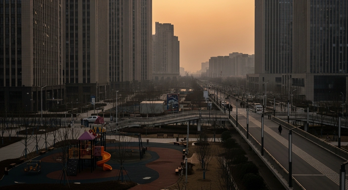 A wide, high-angle shot captures a modern Chinese cityscape at dusk with deserted public spaces and isolated figures, symbolizing China's record low birth rate and fourth consecutive year of population decline.
