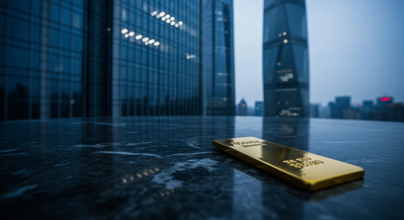 A single gold bar sits on a dark reflective surface in front of a modern Chinese financial institution building, representing the end of retail leveraged precious metals trading.