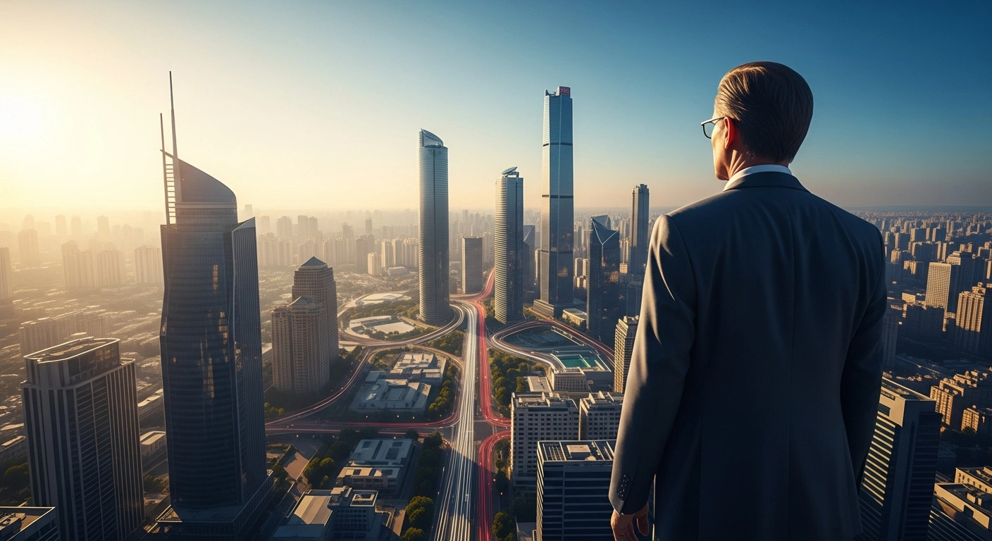 A commanding figure overlooks a modern, sprawling city at sunset, symbolizing China's proactive macroeconomic policies, including fiscal stimulus and innovation-driven development, aimed at bolstering long-term growth and meeting economic targets under the 15th Five-Year Plan.