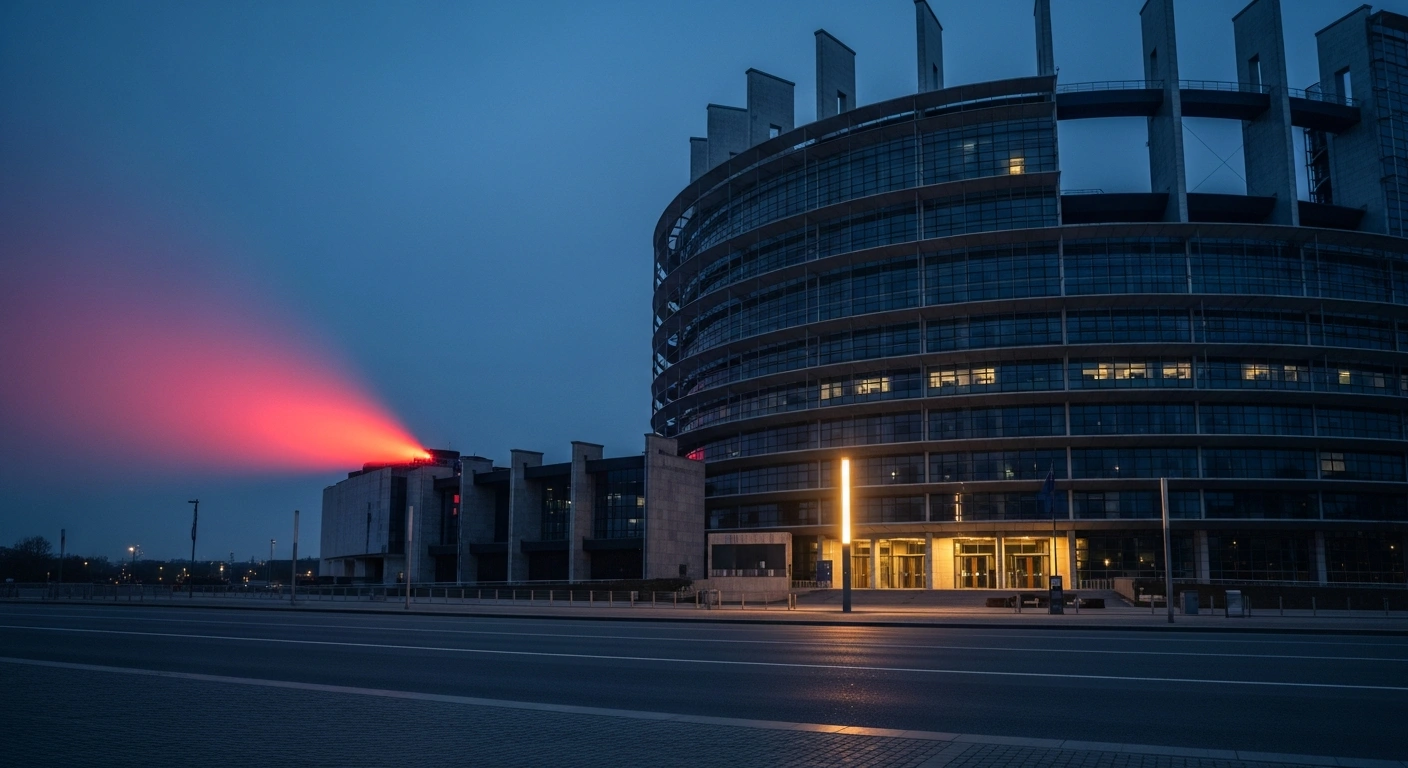 A wide, low-angle photograph of the European Parliament building at twilight, featuring a subtle crimson light emanating from a distant wing, symbolizing China's diplomatic protest, contrasted with a golden light illuminating the main entrance, representing Taiwan's international engagement.