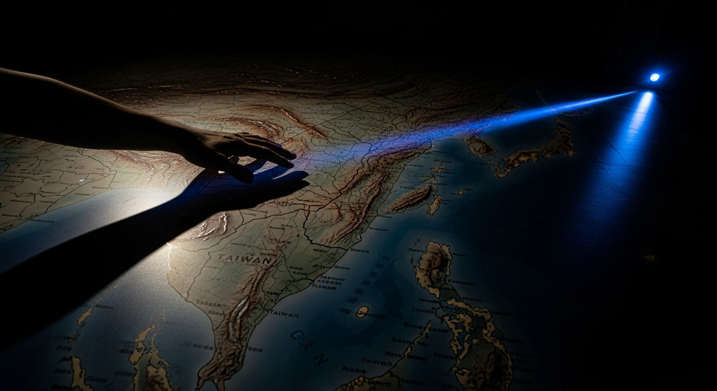 A dramatically lit topographical map of the Taiwan Strait and Chinese mainland is partially covered by a large, ominous shadow of a hand, symbolizing China's protest and claim over Taiwan, while a subtle, distant blue light represents the United States' $11.1 billion weapons package and its perceived interference.