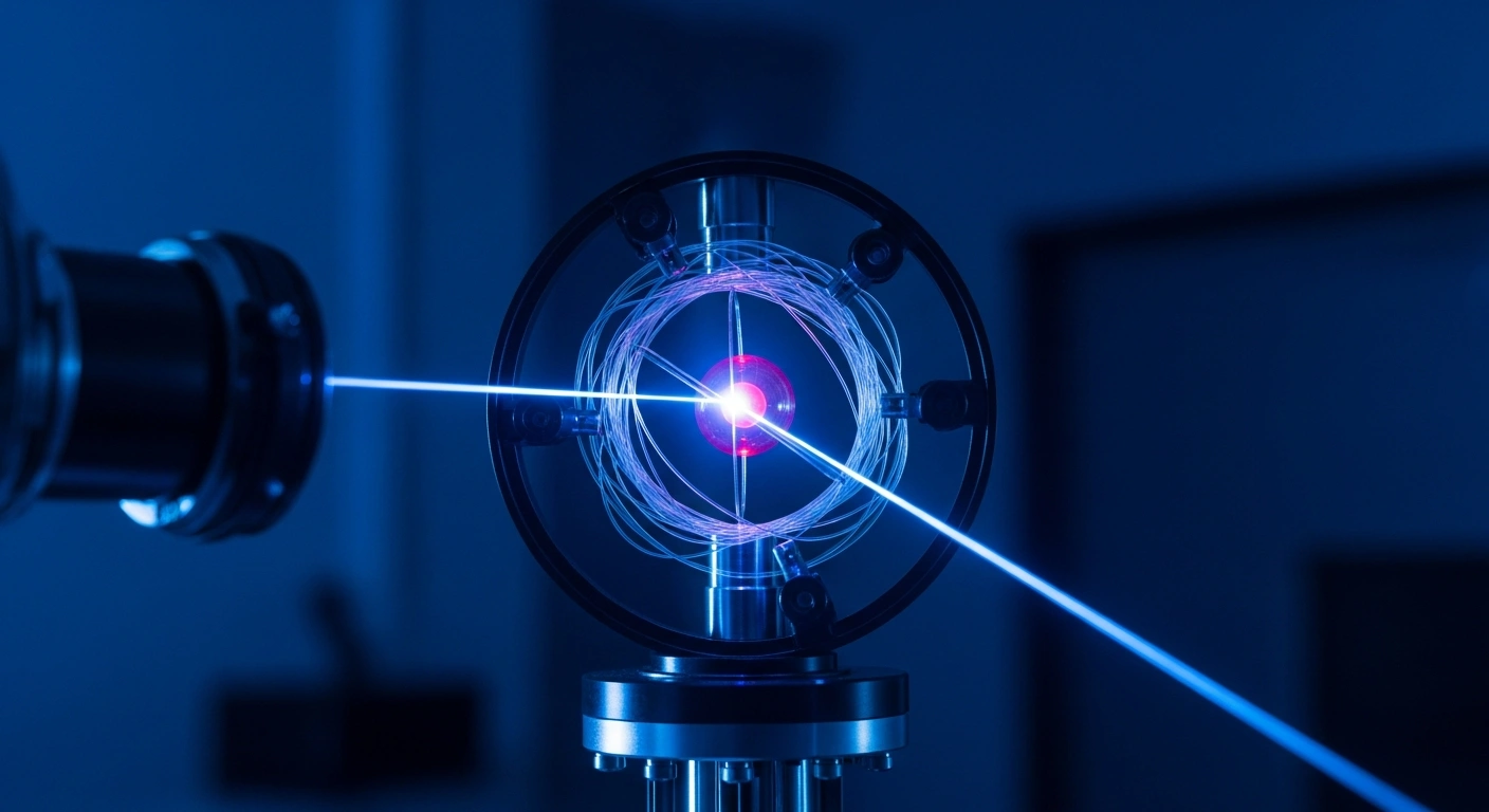 A glowing red rubidium atom is precisely targeted by a blue laser beam within a complex vacuum chamber, connected to a luminous optical fiber, illustrating the Chinese scientists' breakthrough in tamper-proof quantum communication.