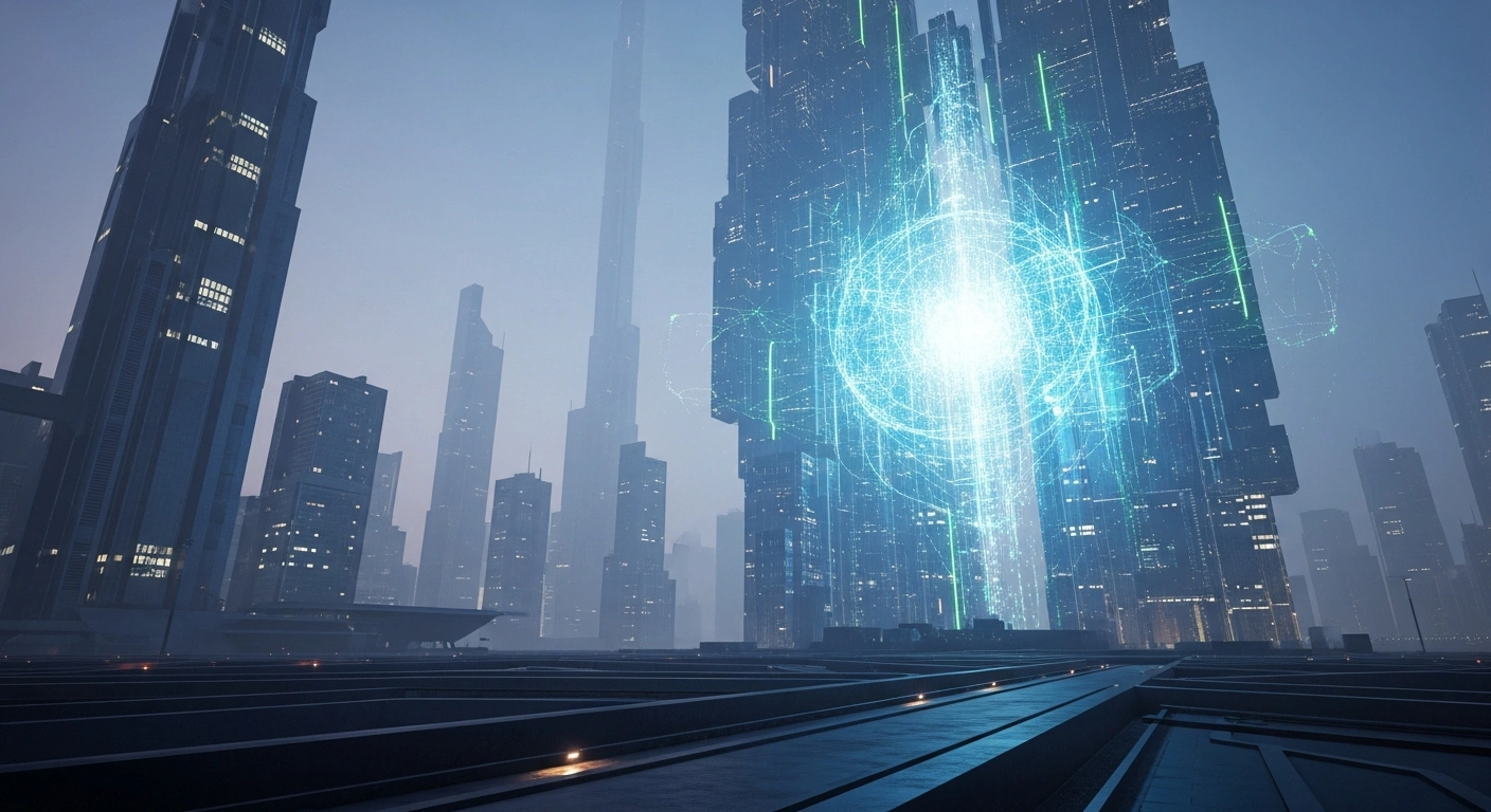 A futuristic cityscape in China at twilight features a colossal, crystalline structure pulsating with blue and green light, symbolizing the nation's strategic investment in quantum technology as a pivotal future industry for economic growth and global leadership under its 15th Five-Year Plan.