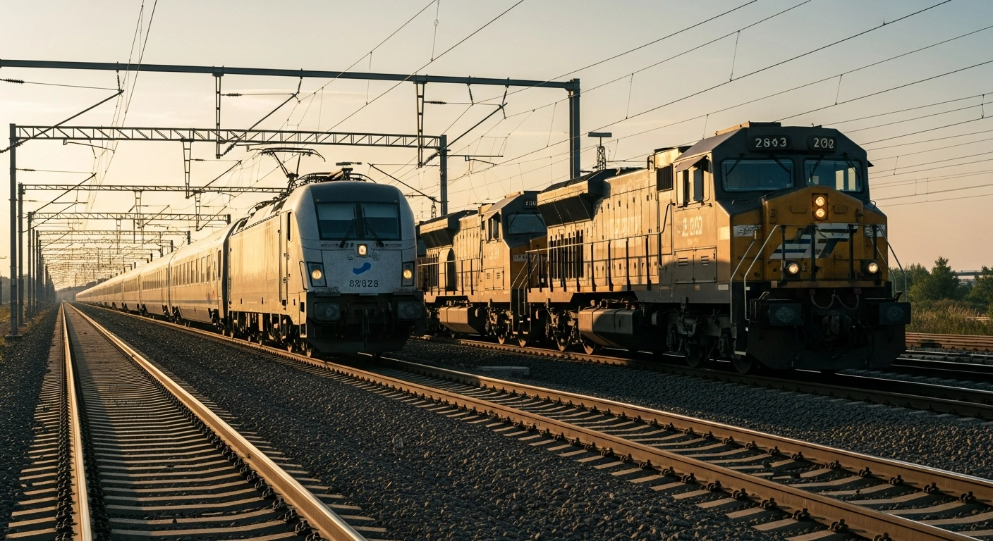 A high-speed passenger train and a freight train travel on parallel tracks as part of China's updated national railway network.