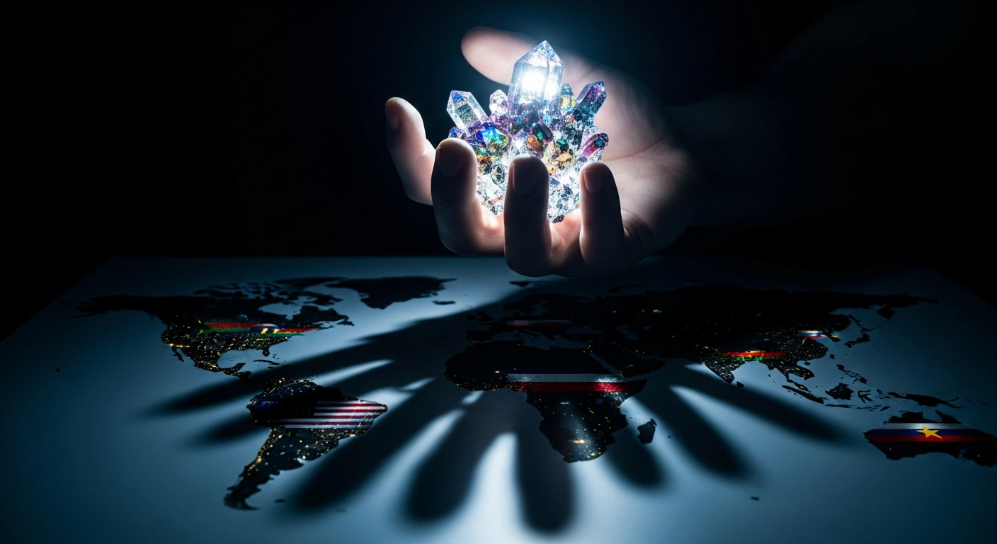 A powerful hand, representing China, firmly grasps glowing rare earth minerals, casting long shadows over a stylized global map, symbolizing China's extensive control and leverage over international supply chains, impacting major powers like the United States and Russia.