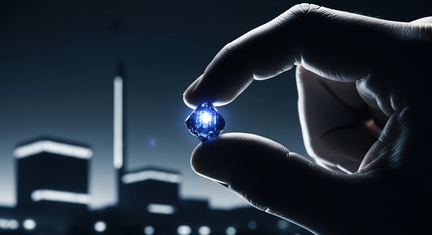 A close-up image shows a glowing rare earth crystal held firmly by a powerful, industrial-looking hand, with the softly lit silhouettes of Japanese manufacturing plants in the blurred background, symbolizing China's strategic control over critical minerals and its impact on Japanese manufacturers amidst geopolitical tensions.