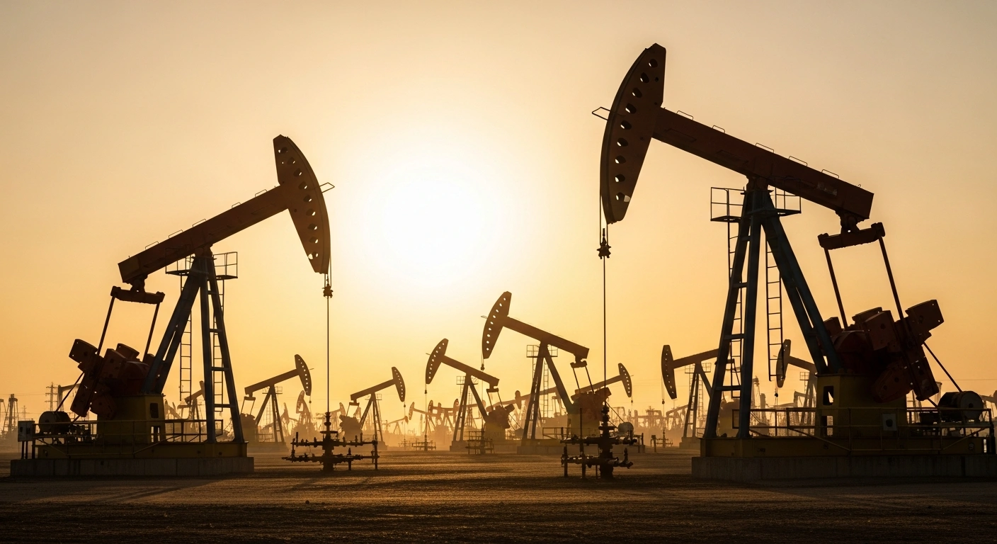 A vast industrial oil field with multiple pumpjacks operating at sunset, representing China's record-breaking crude oil production in 2025.