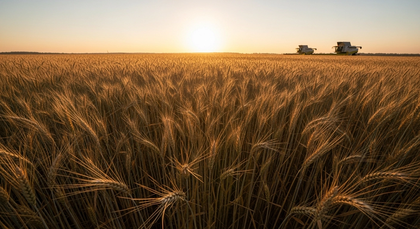 A vast field of golden wheat is ready for harvest in China, representing a record-breaking agricultural output of over 150 million tonnes.