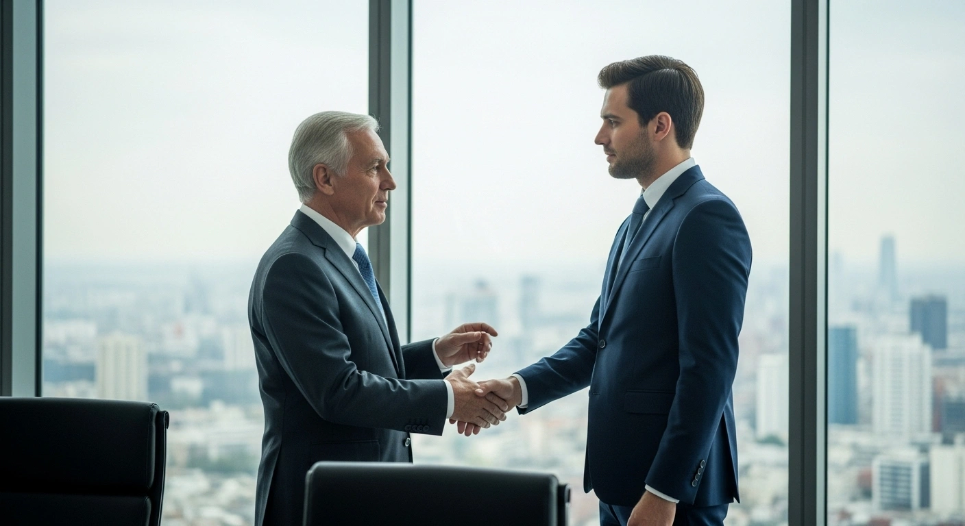 A photorealistic image depicts an older executive respectfully gesturing towards a younger successor in a modern corporate boardroom, symbolizing the leadership transition at China Reinsurance (Group) Corporation from He Chunlei to Zhuang Qianzhi.