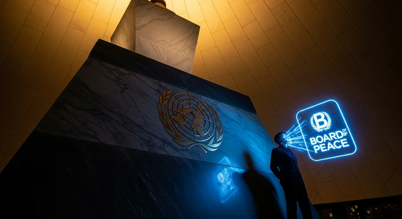A resolute, silhouetted figure representing China stands firmly before a grand, illuminated marble pedestal bearing a UN emblem, subtly turning away from a flickering, holographic projection of a 'Board of Peace' logo, symbolizing China's rejection of the US-proposed board as a UN replacement.