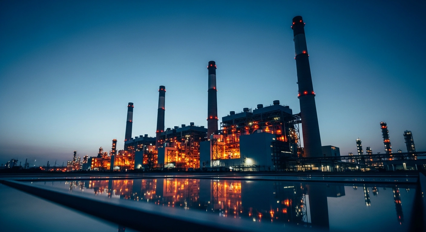 A massive industrial complex in China stands under a twilight sky as Beijing rejects United States trade investigations regarding industrial overcapacity.