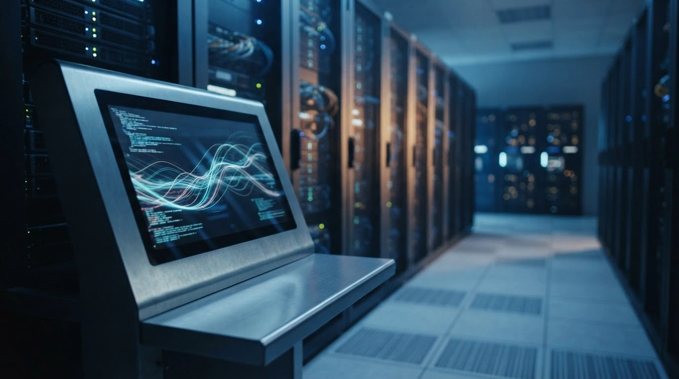 A modern computer terminal in a Chinese government office displays new domestic software as part of a national cybersecurity strategy to replace foreign technology.