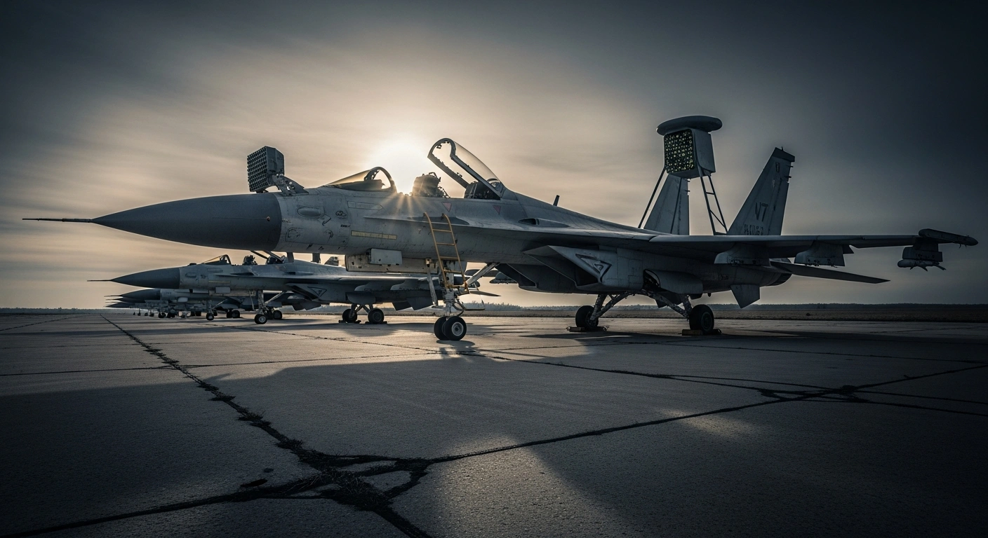A row of repurposed Chinese J-6 and J-7 fighter jets converted into unmanned aerial vehicles sits on an airbase near the Taiwan Strait.