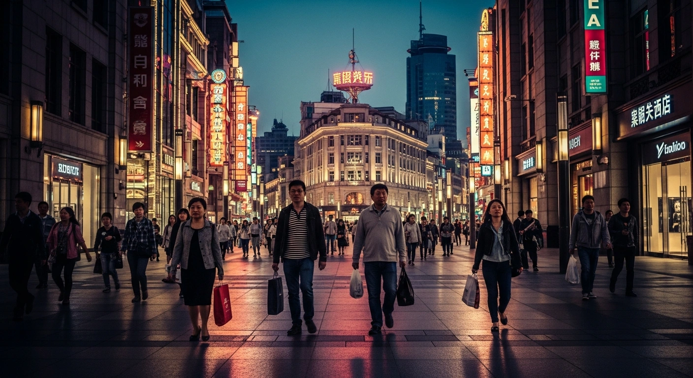 A bustling shopping district in China shows crowds of people carrying bags, reflecting a growth in retail sales and consumer spending in early 2026.