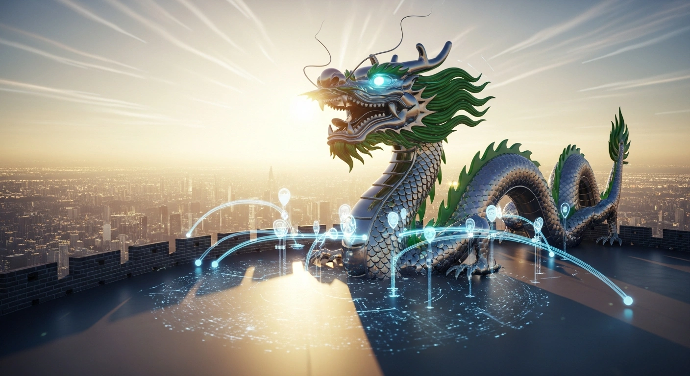 A majestic, stylized dragon crafted from polished steel and jade, symbolizing China's revised Foreign Trade Law, overlooks a shimmering digital cityscape at dawn, representing the integration of national security, strengthened intellectual property protection, and expanded trade facilitation within its new trade framework.
