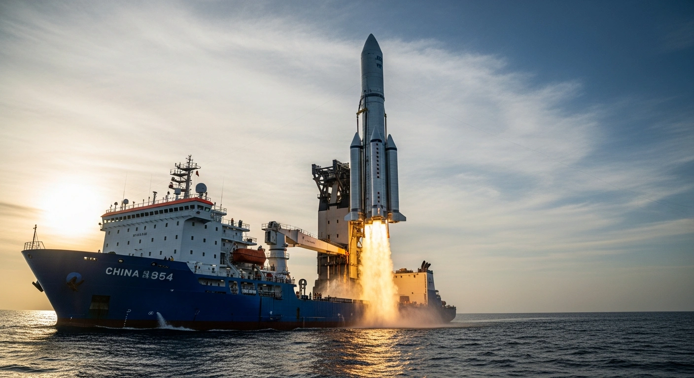 A massive, ocean-drenched Chinese Long March-10 carrier rocket booster is carefully hoisted by a crane onto the deck of a recovery vessel at sea, marking its successful maritime retrieval after a test flight.