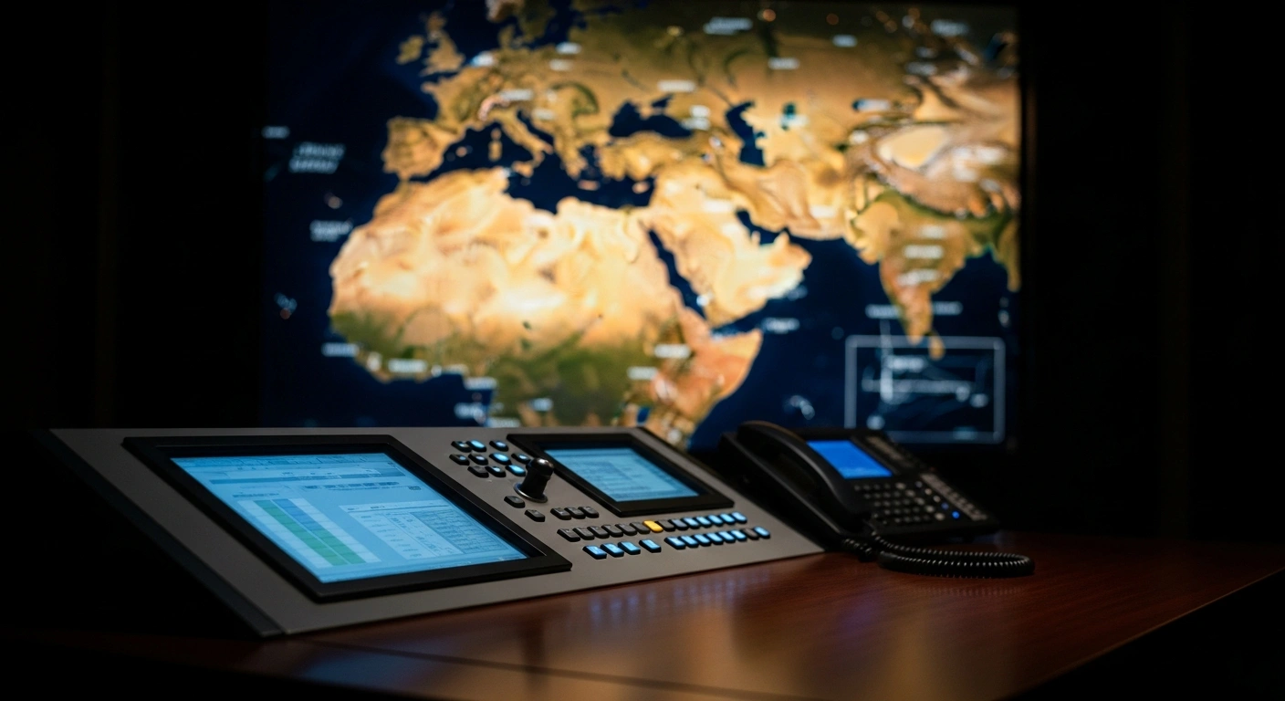 A high-tech communications room displays a digital map of the Middle East as Chinese and Russian officials coordinate on regional stability and navigation in the Strait of Hormuz.