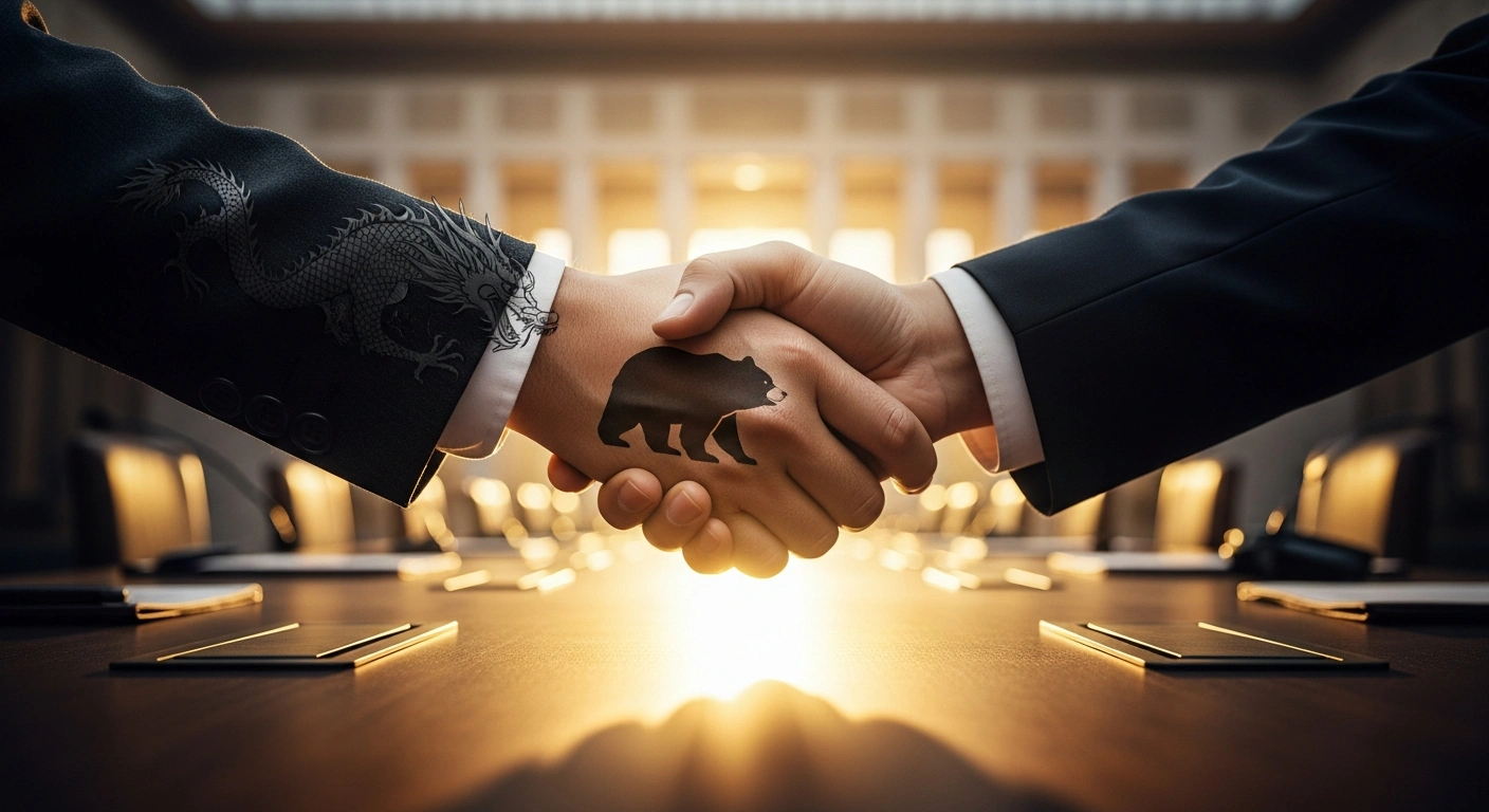A close-up, low-angle shot of two hands, one with a dragon motif and the other with a bear motif, clasped in a firm handshake over a glowing energy symbol on a dark conference table, with a blurred background of a grand official building in Beijing, symbolizing China and Russia's strategic energy collaboration.