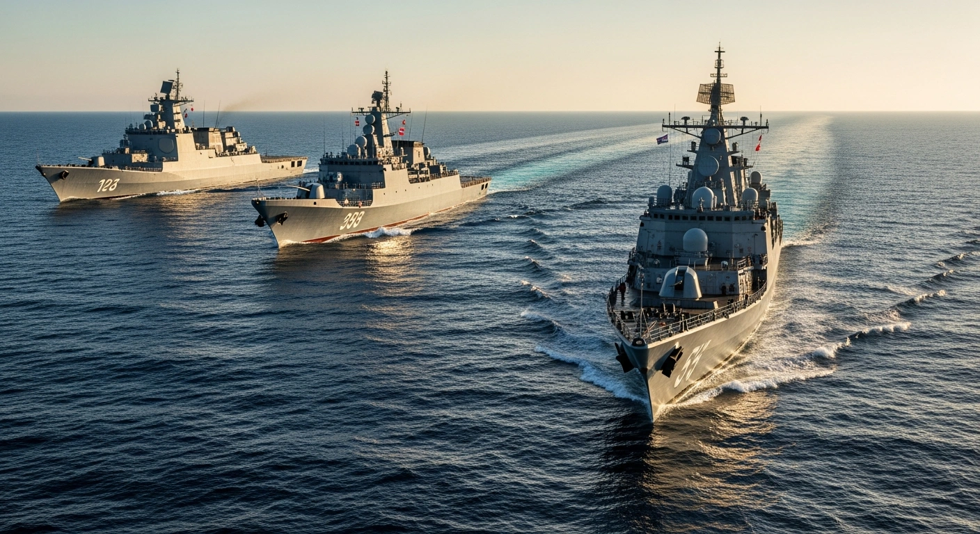 A cinematic wide shot depicts a Chinese destroyer, a Russian frigate, and an Iranian warship steaming in a powerful, synchronized formation through deep blue South African waters during a naval exercise.