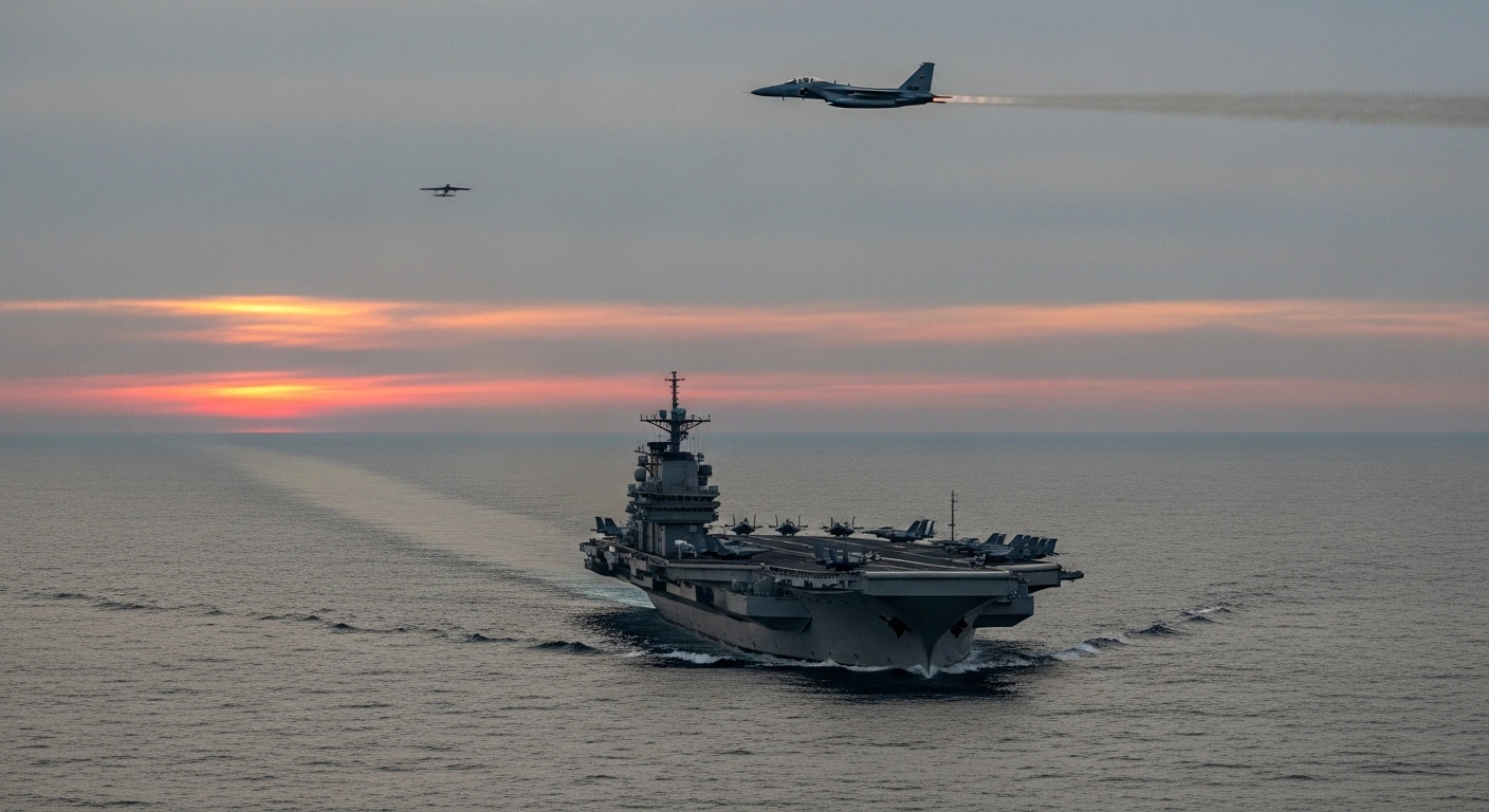China's aircraft carrier Liaoning leads a naval formation on a vast ocean at twilight, while distant bombers, indicative of joint Russian flights, and a Japanese F-15 fighter jet overhead, symbolize extensive military exercises and rising regional tensions near Japan.