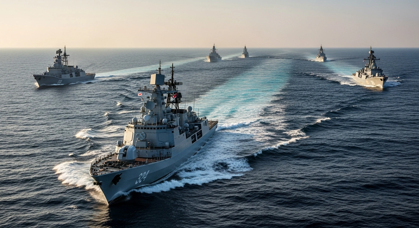 Chinese and Russian naval warships sail in a tactical formation during joint maritime exercises on the open ocean.