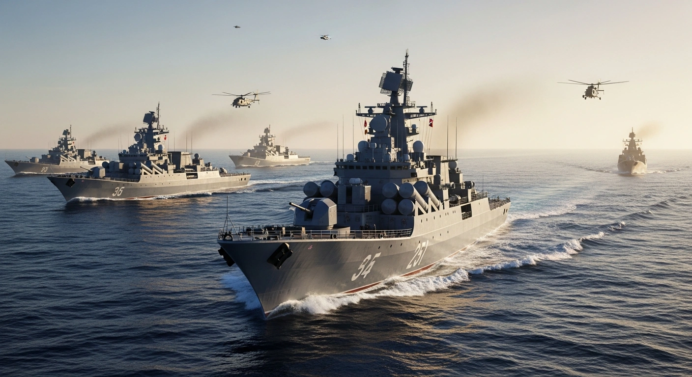 Russian and Chinese naval warships sail in formation during the Joint Sea-2026 maritime exercises in the Yellow Sea.