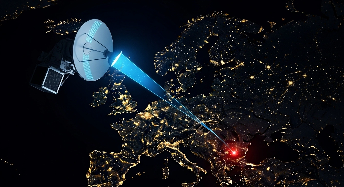 A high-angle view shows a modern satellite dish emitting a digital blue beam that highlights a cluster of urban lights on a dark, stylized map of Eastern Europe, symbolizing satellite intelligence aiding precise missile strikes on Ukrainian targets.