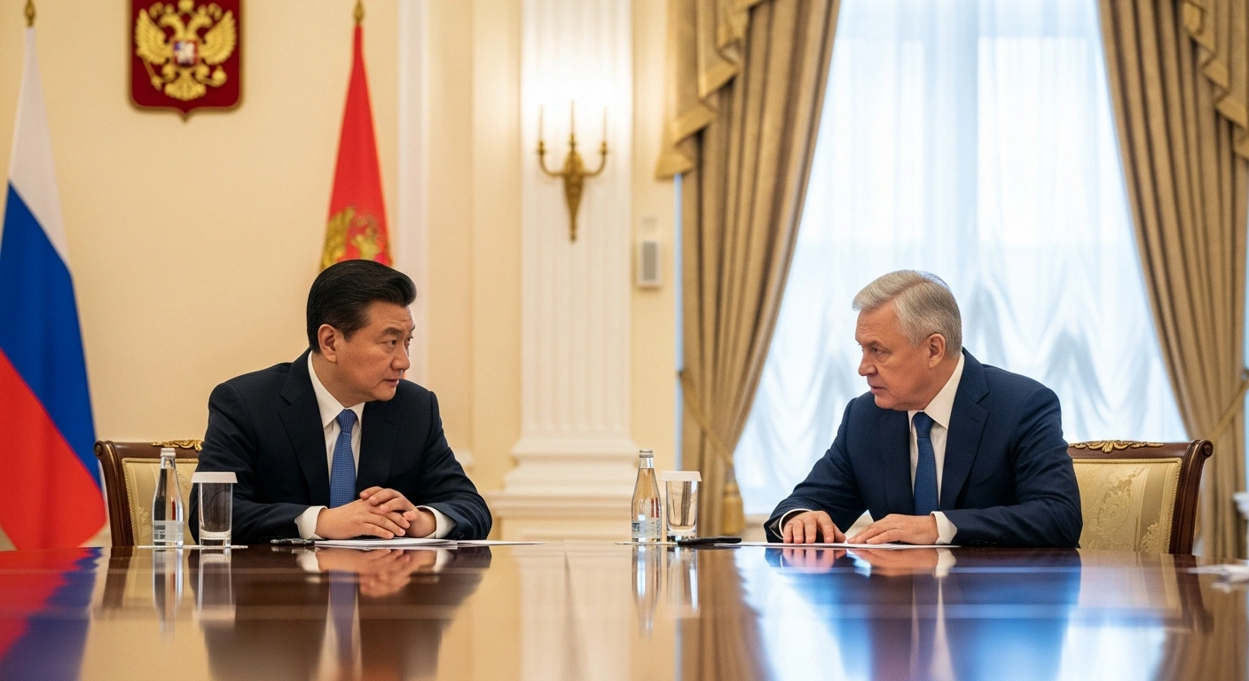 Chinese Premier Li Qiang and Russian Prime Minister Mikhail Mishustin are seated at a polished table in a grand Moscow meeting room, engaged in serious discussion about enhanced cooperation in investment, energy, and agriculture, underscoring their comprehensive strategic partnership.