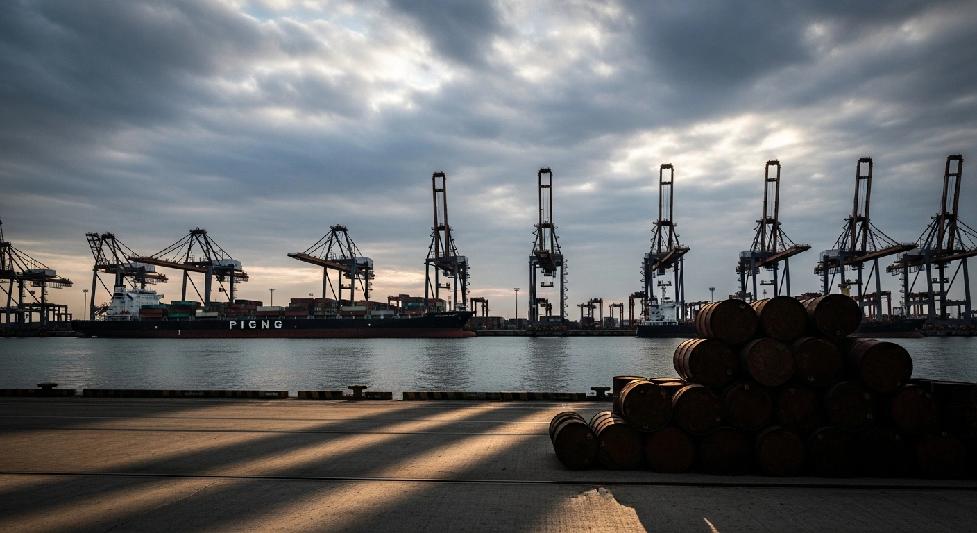 A desolate shipping port at dusk, featuring idle cranes and a partially loaded cargo ship, visually representing the decline in trade between China and Russia, marked by reduced raw material purchases and decreased exports of transport equipment, influenced by US sanctions.