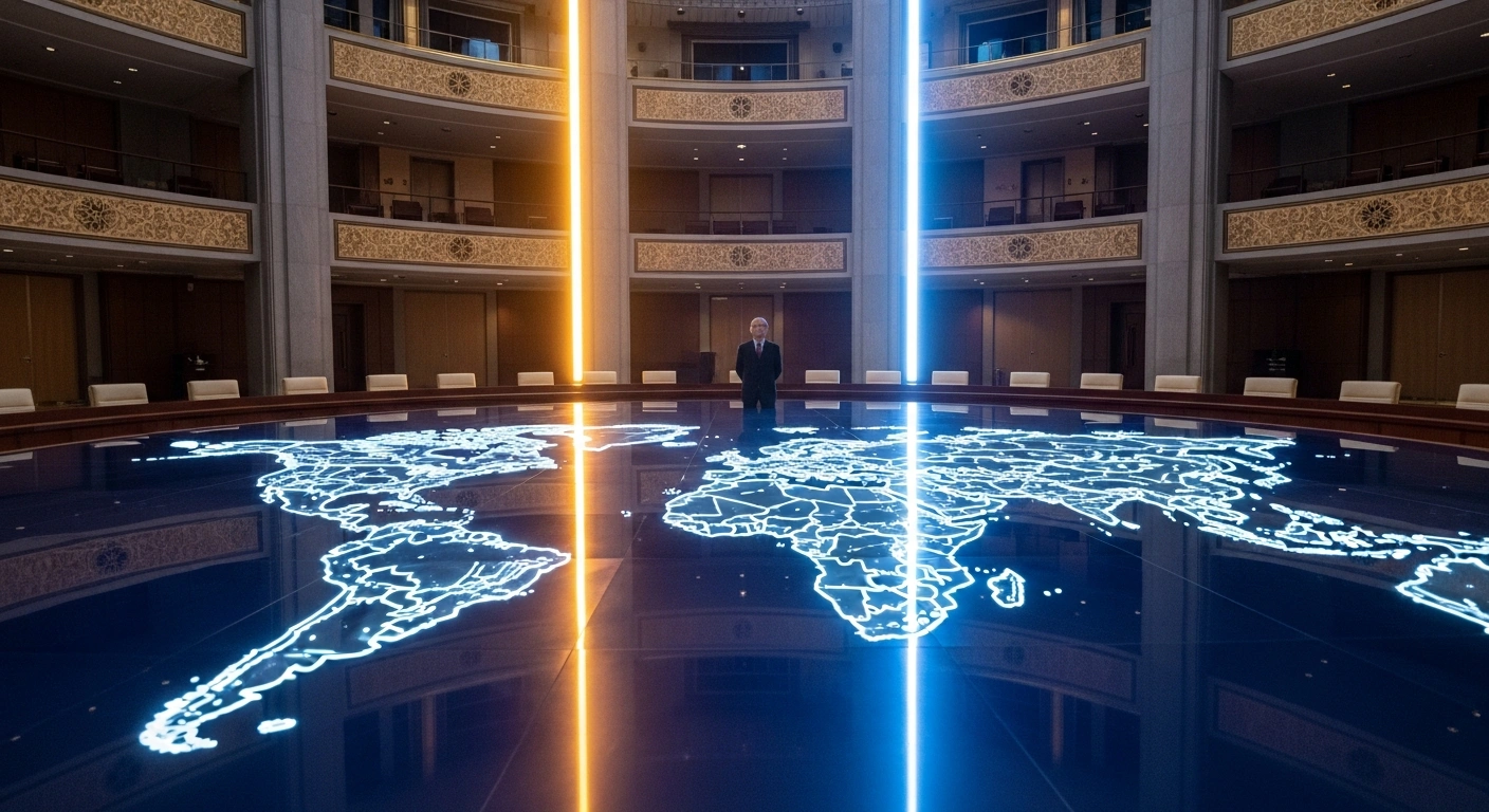 A distinguished diplomat, representing China's foreign policy, stands at a large, polished circular table reflecting a glowing world map, illuminated by converging amber and cool blue light sources, symbolizing China's strategic engagement with Russia and the United States.