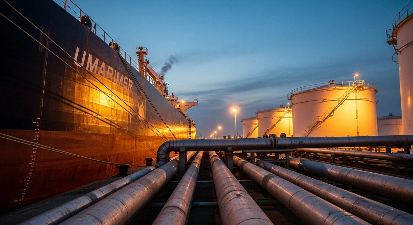 A colossal oil tanker, symbolizing Russian Urals crude, offloads a massive volume of oil into towering storage tanks at a bustling Chinese industrial port during twilight, representing China's multi-year high imports and independent refiners capitalizing on discounted prices amidst Western sanctions.