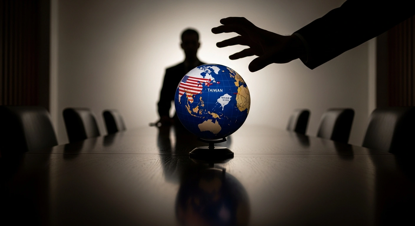 A dramatic, dimly lit scene features a hand casting a long shadow over a stylized globe, representing China's sanctions against 20 U.S. defense companies, including Boeing's St. Louis branch, and 10 executives, in response to an $11.1 billion arms package for Taiwan.