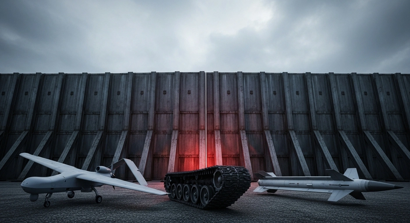A massive, weathered steel barrier stands under an overcast sky, casting a shadow over three distinct military components—a drone wing, a tank track, and a missile fin—visually depicting the restrictions imposed by China's sanctions on US defense companies for arms sales to Taiwan.