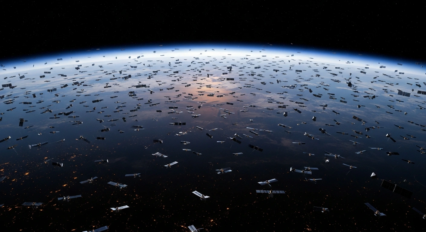 Thousands of sleek, metallic satellites, part of China's super-large satellite group of up to 203,000 devices, are depicted in low Earth orbit above Earth's twilight curve, illustrating the nation's ambitious plan to establish a global satellite internet infrastructure and secure critical orbital resources.