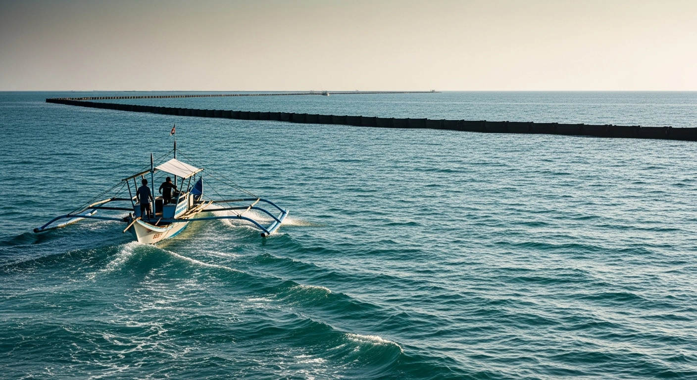 A weathered Filipino fishing banca navigates near a long, dark floating barrier at the mouth of Scarborough Shoal's lagoon, representing China's reinstallation of the barrier and its impact on Filipino fishing activities.