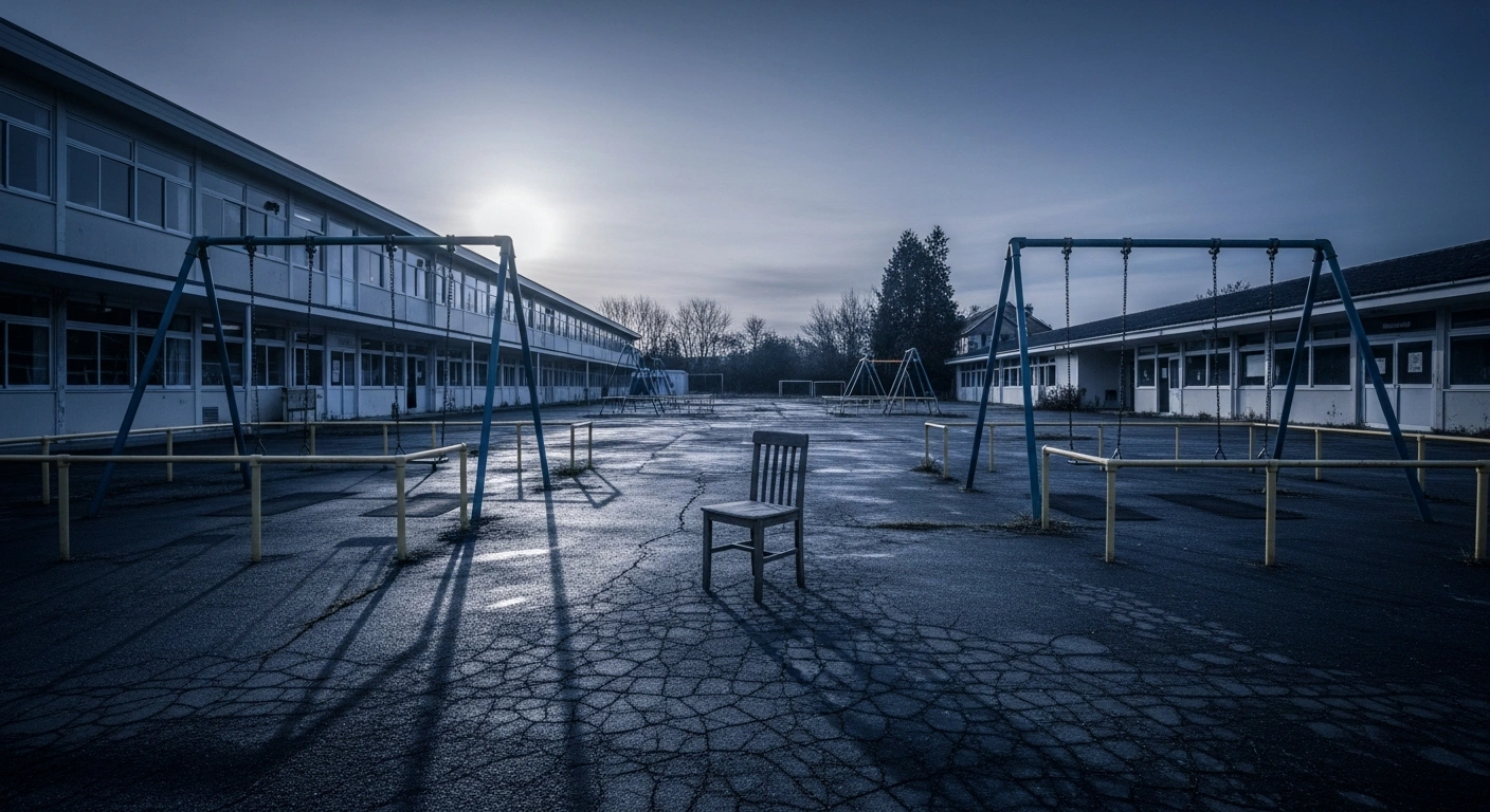 An abandoned school playground with rusted equipment represents the closure of thousands of preschools and primary schools in China due to declining birth rates.