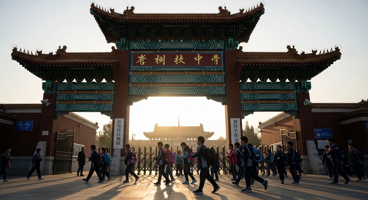Students, primarily children and teenagers, are seen entering the traditional gate of a primary and secondary school in China on March 2, 2026, marking the official start of the new spring academic semester after the Lunar New Year holiday.