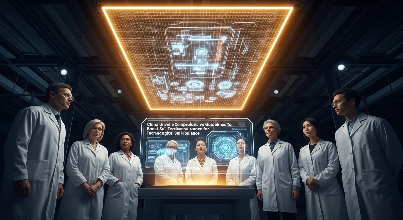 A diverse team of scientists in a modern research facility examine a glowing holographic display under a protective grid of light, representing China's new sci-tech insurance guidelines for technological self-reliance and innovation support.